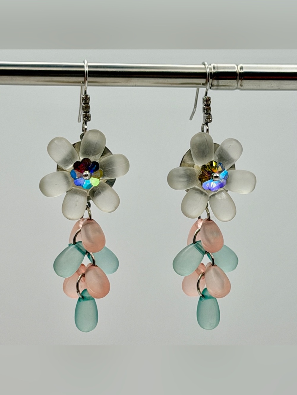 Cute Floral Drop Earrings with Frosted White Flowers and Pink & Aqua Teardrops